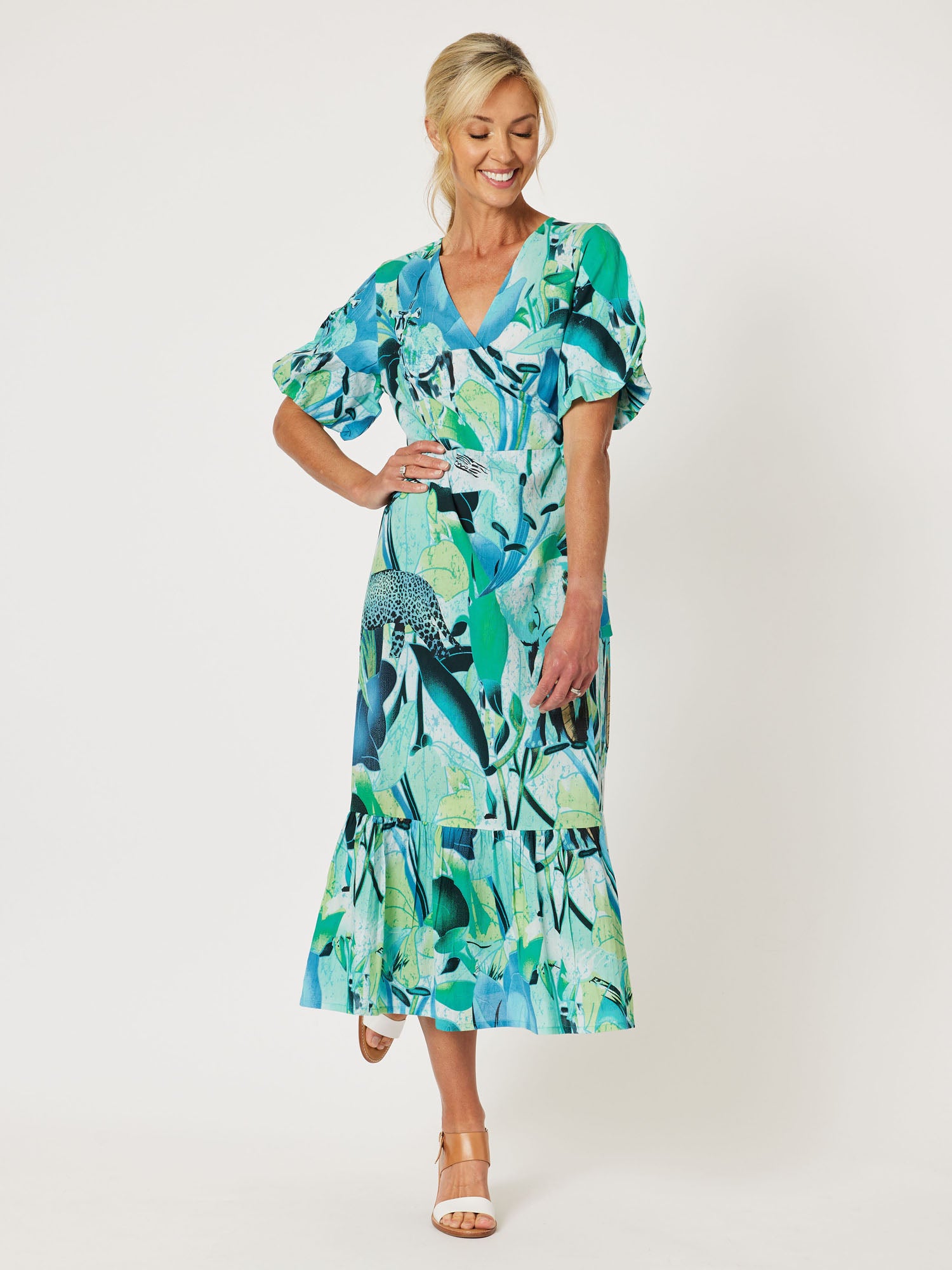 Palm print shop wrap dress