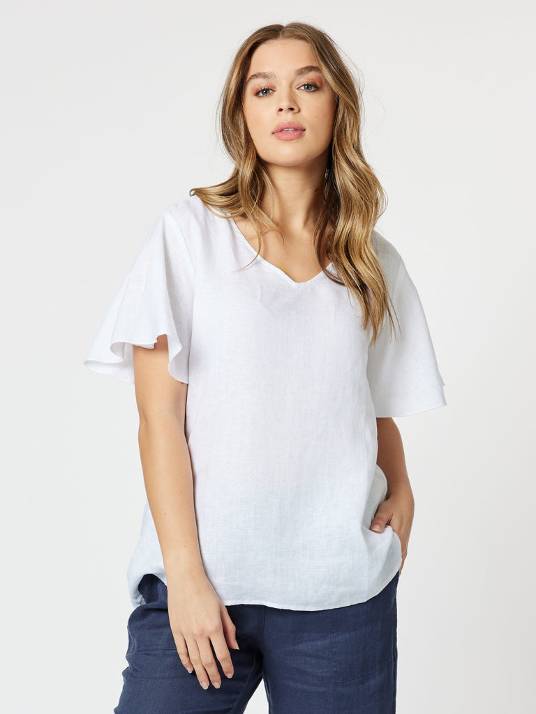 Flute Sleeve Linen Top - White