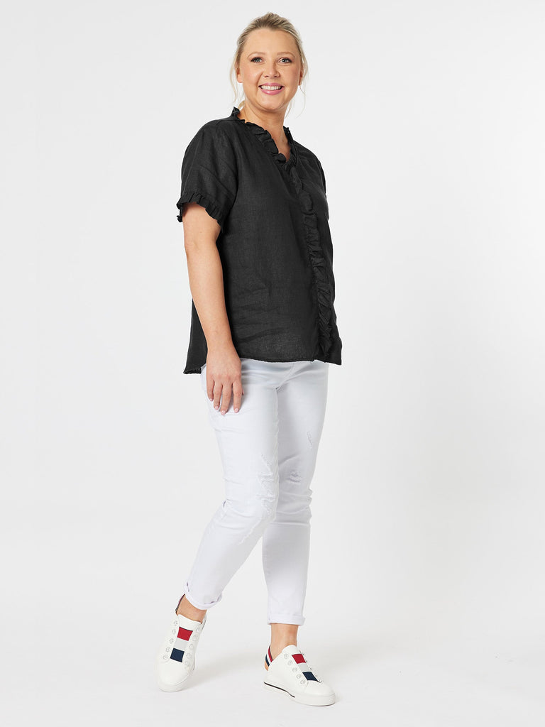 Tiffany Ruffle Linen Shirt - Black