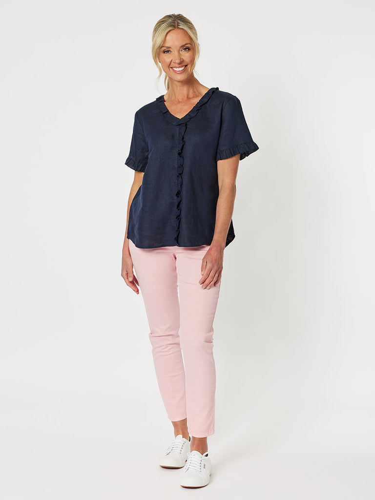 Tiffany Ruffle Linen Shirt - Navy