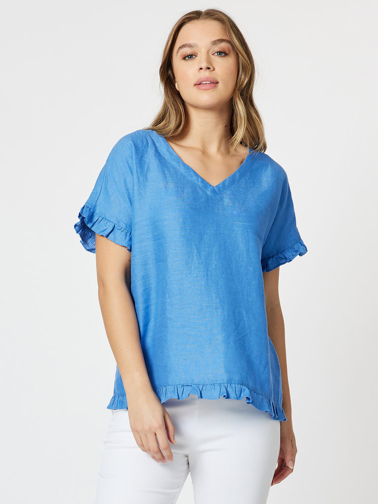 Gordon Smith women's Ruffle Hem Linen Top - Cobalt