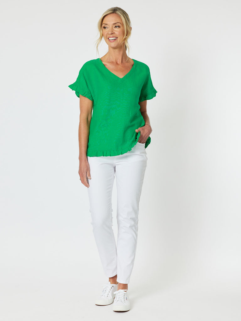 Ruffle Hem Linen Top - Emerald