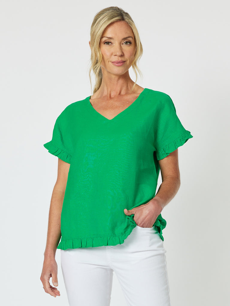 Ruffle Hem Linen Top - Emerald