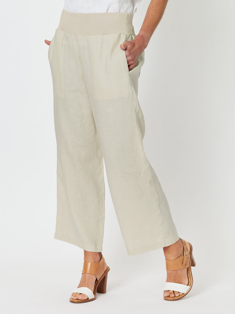 Jersey Waist Linen Wide Leg Pant - Natural