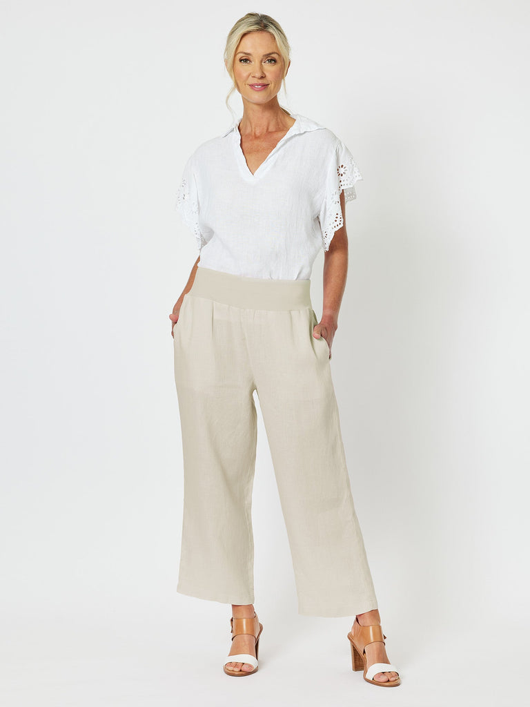 Jersey Waist Linen Wide Leg Pant - Natural