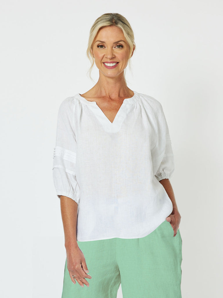 Diana Linen Pleat Sleeve Top - White