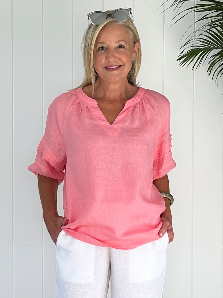 Diana Linen Pleat Sleeve Top - Coral