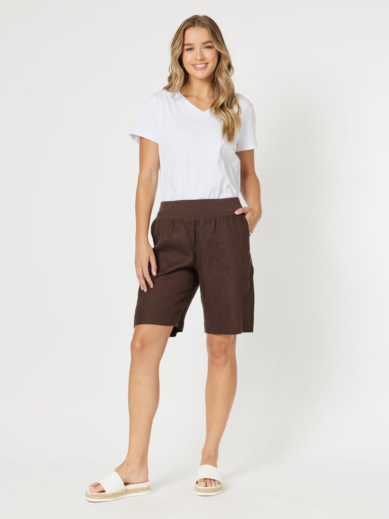 Jersey Waist Linen Short-CHOCOLATE