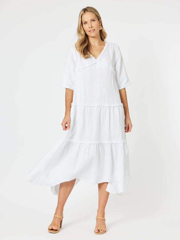 Fringed Linen Dress - White