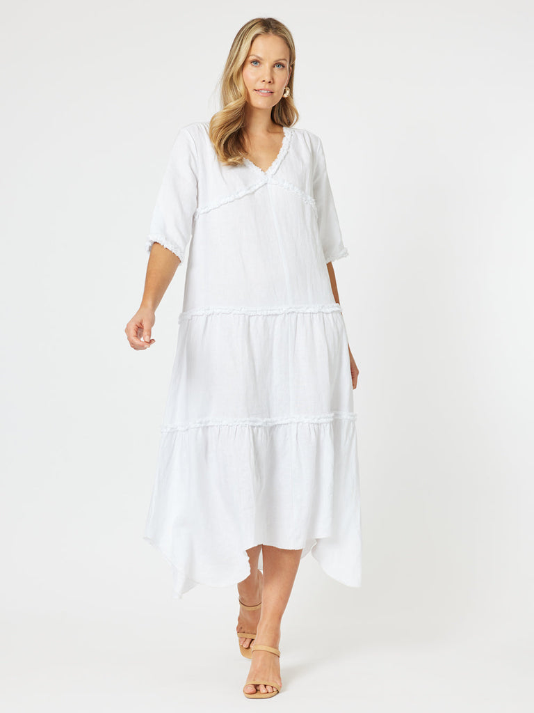 Fringed Linen Dress - White