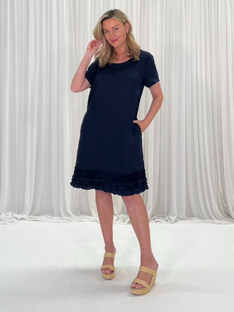 Linen Ruffle Hem Dress - Navy