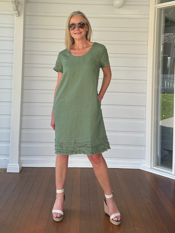 Ruffle Hem Linen Dress - Khaki