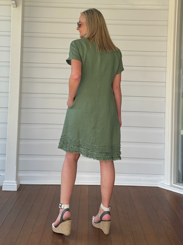 Ruffle Hem Linen Dress - Khaki