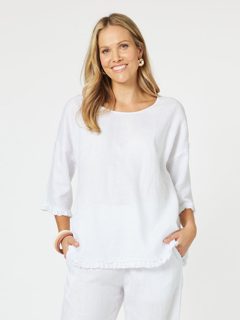 Fringed Linen Top - White