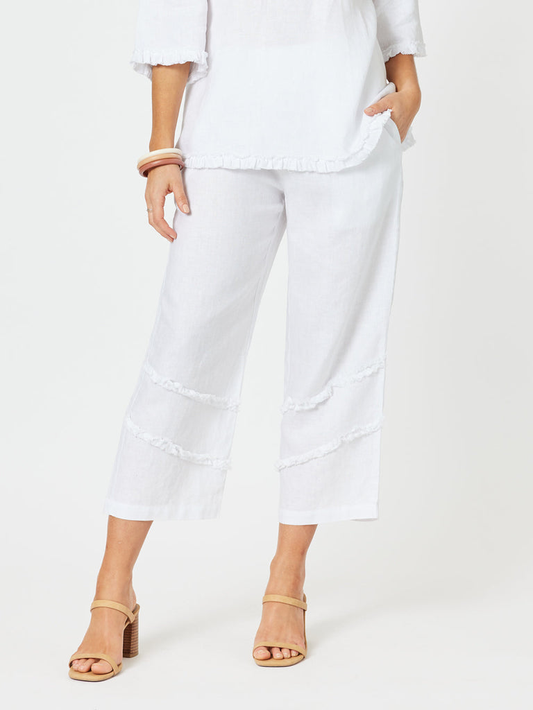 Fringed Linen Wide Leg Pant - White