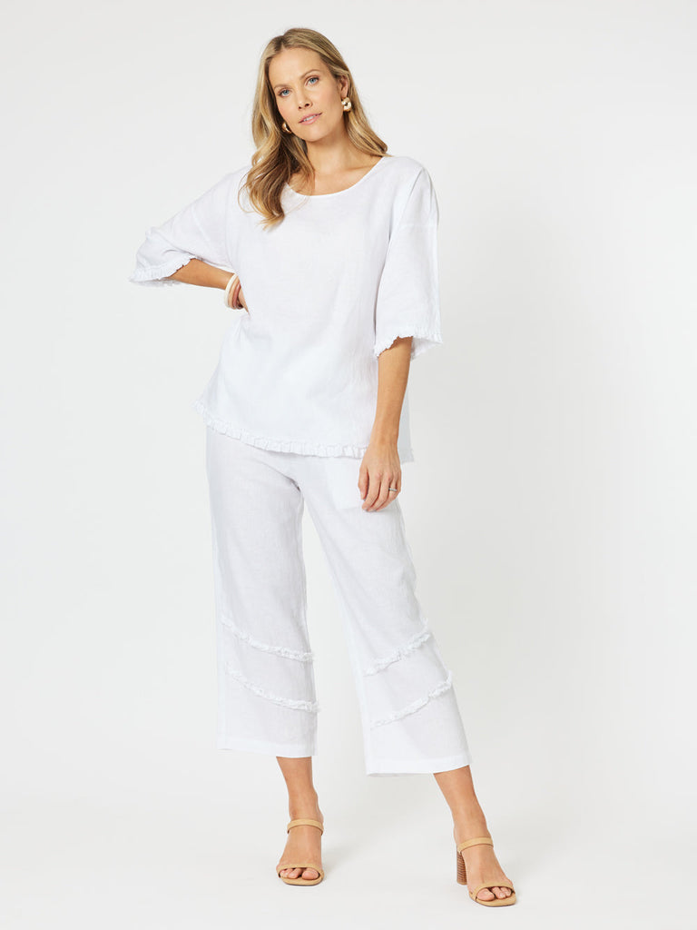 Fringed Linen Wide Leg Pant - White